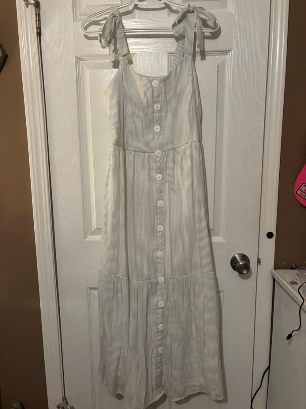 White Button-Front Tie-Shoulder Green/White Stripe Maxi Dress
